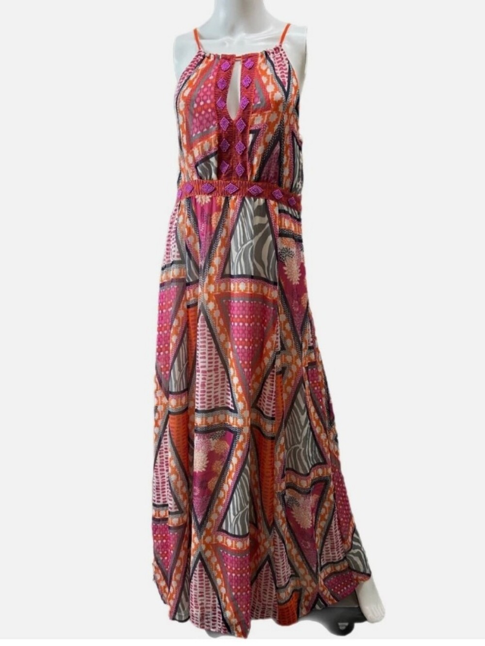 H&M Pink Orange Geometric Beaded Halter Maxi Dress